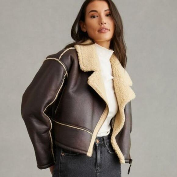Pilcro Anthropologie Faux Leather Sherpa Jacket Brown 3X - Picture 1 of 9